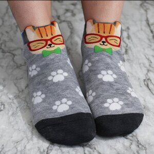 CAT LADY Socks Ankle Short Anklets Animal Print Pawprints Gray Orange Ginger Cat
